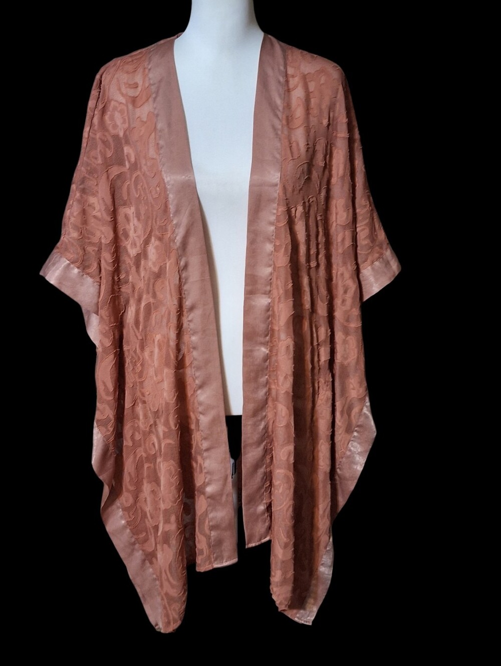 Whimsical Romantic Fairy Boho Floral Sheer Burnout Kimono Satin Trim Large